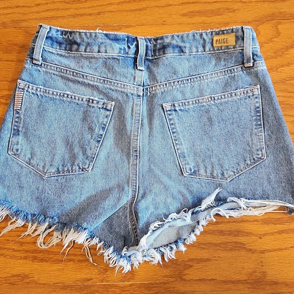 PAIGE Blue Distressed Jean Shorts - Picture 5 of 8
